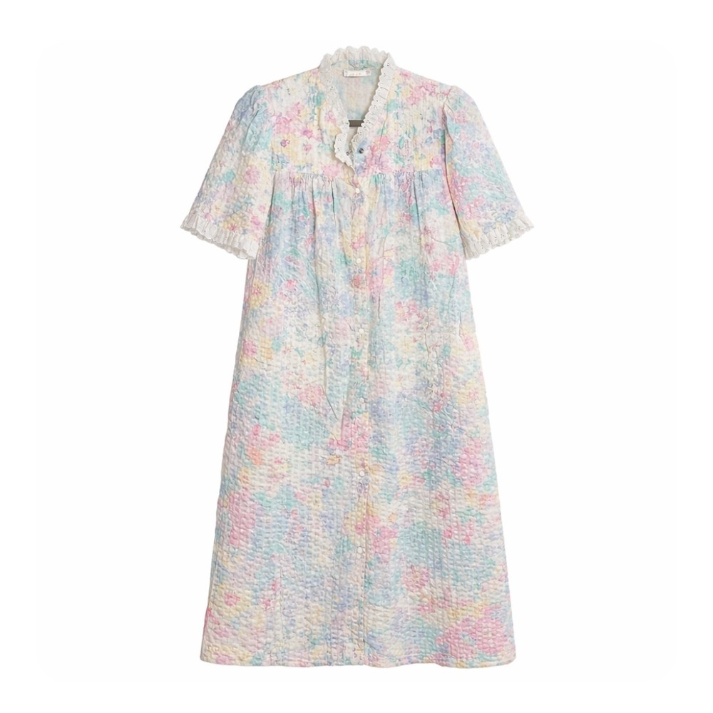 Miss Elaine VINTAGE Floral House Dress Small Pastel Cottagecore Snap Front Robe